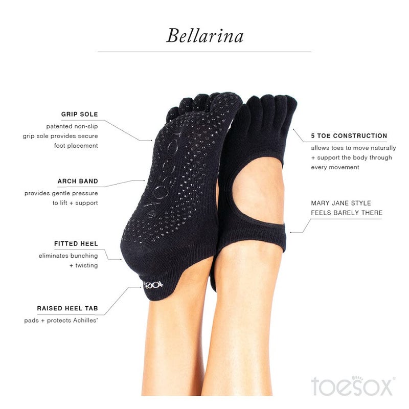 toesox Women's Bellarina Full Toe Grip Non-Slip for Ballet, Yoga, Pilates, Barre Toe Socks, Medium, Black - Image 4